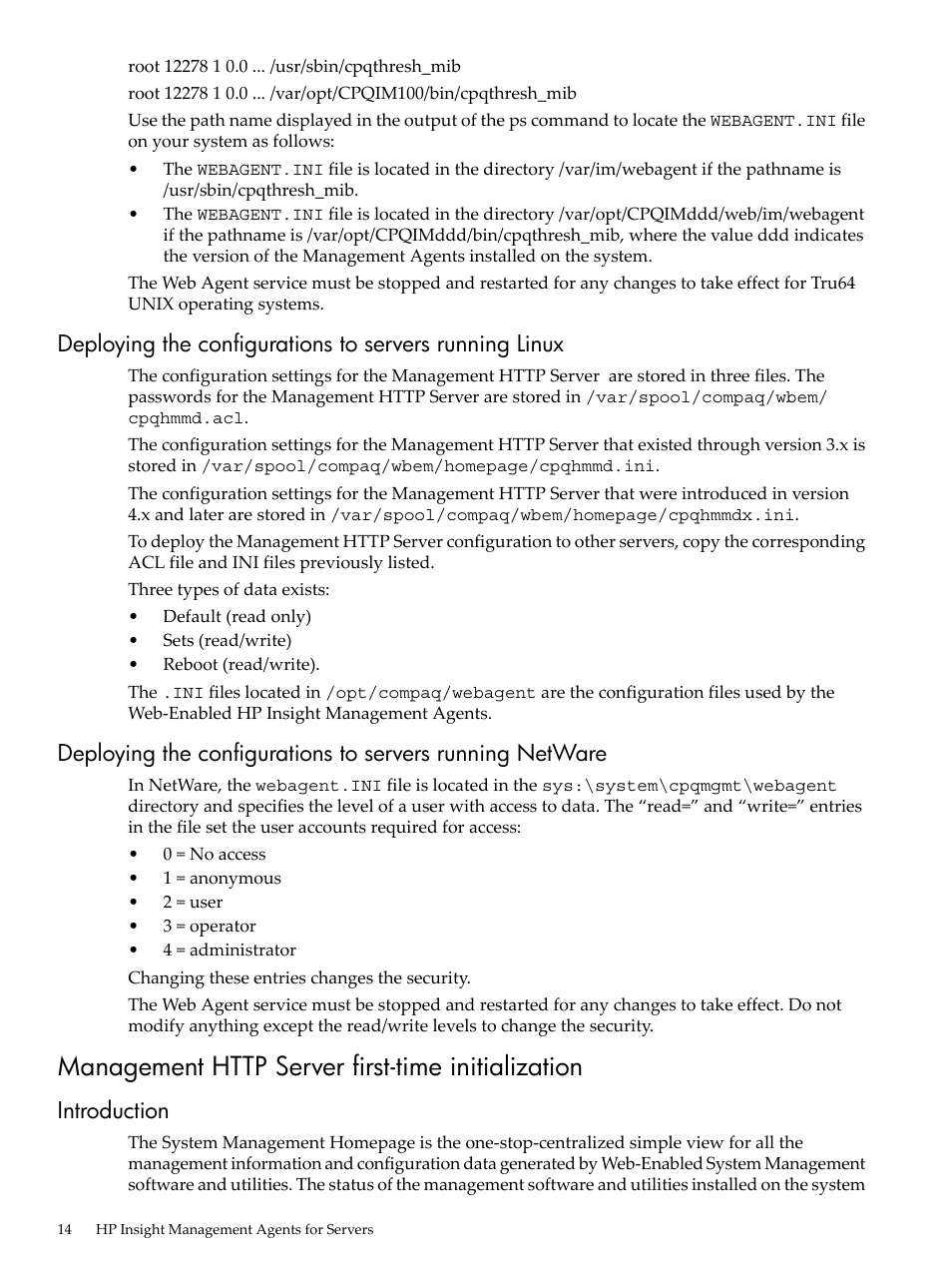 Management http server first-time initialization, Introduction | HP Insight Management Agents User Manual | Page 14 / 157