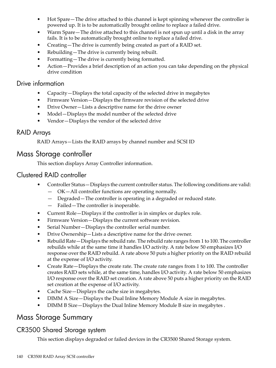 Drive information, Raid arrays, Mass storage controller | Clustered raid controller, Mass storage summary, Cr3500 shared storage system, Drive information raid arrays | HP Insight Management Agents User Manual | Page 140 / 157