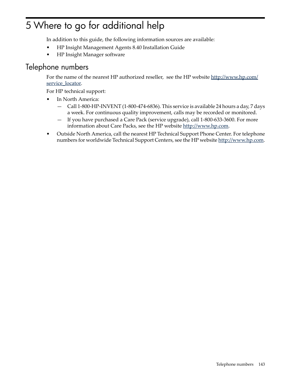 5 where to go for additional help, Telephone numbers | HP Insight Management Agents User Manual | Page 143 / 157