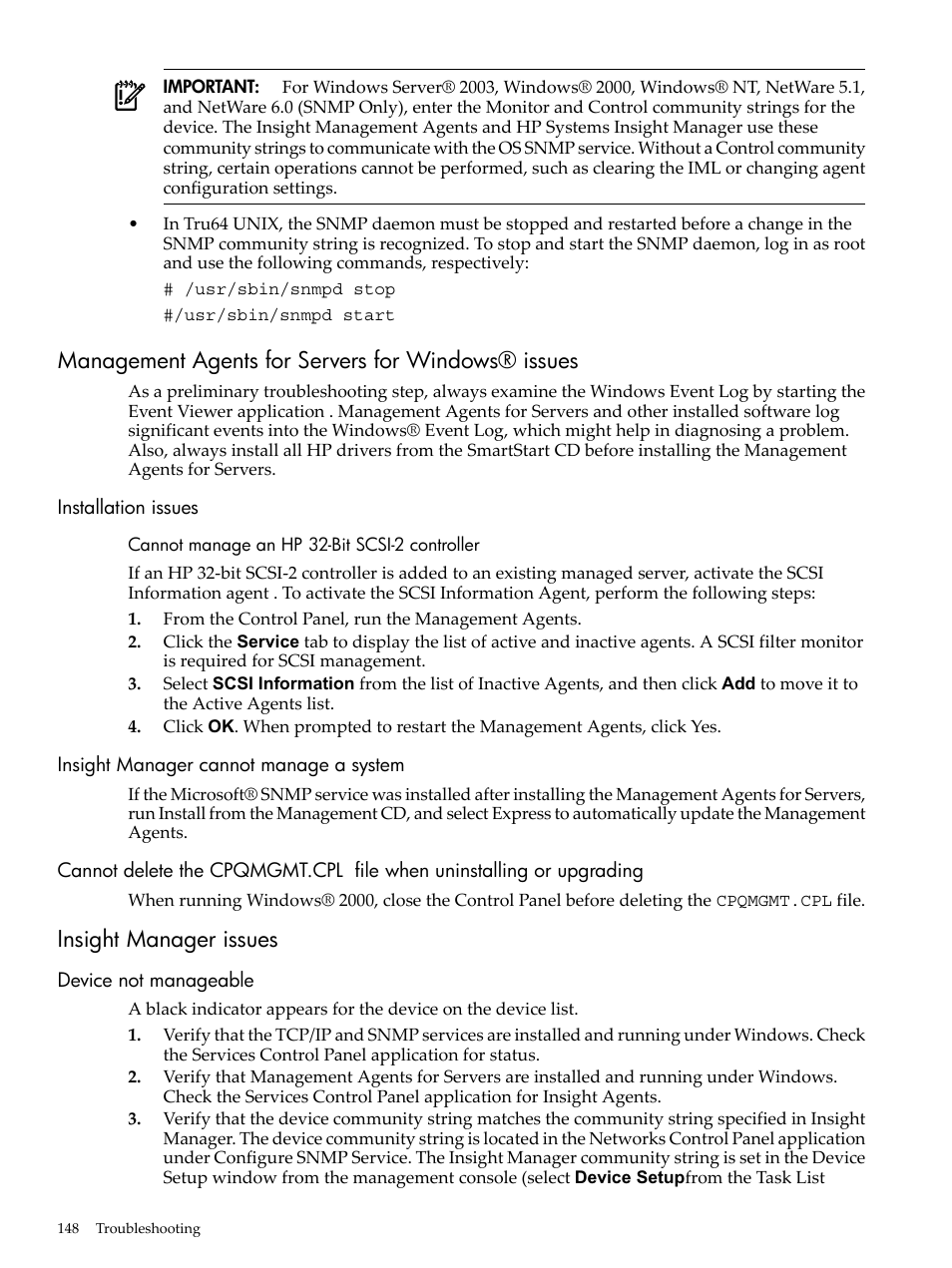 Management agents for servers for windows® issues, Installation issues, Cannot manage an hp 32‑bit scsi‑2 controller | Insight manager cannot manage a system, Insight manager issues, Device not manageable, Cannot manage an hp 32-bit scsi-2 controller | HP Insight Management Agents User Manual | Page 148 / 157