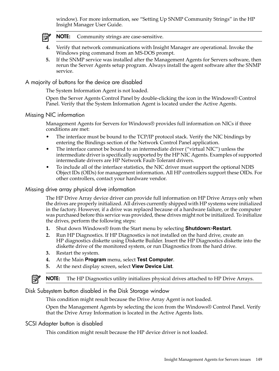 A majority of buttons for the device are disabled, Missing nic information, Missing drive array physical drive information | Scsi adapter button is disabled | HP Insight Management Agents User Manual | Page 149 / 157