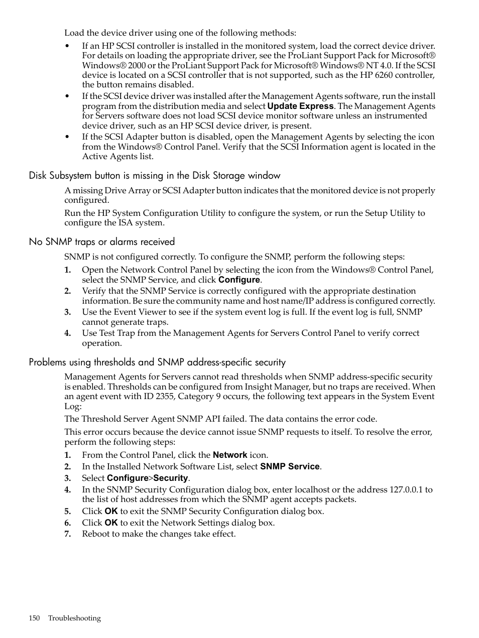 No snmp traps or alarms received | HP Insight Management Agents User Manual | Page 150 / 157