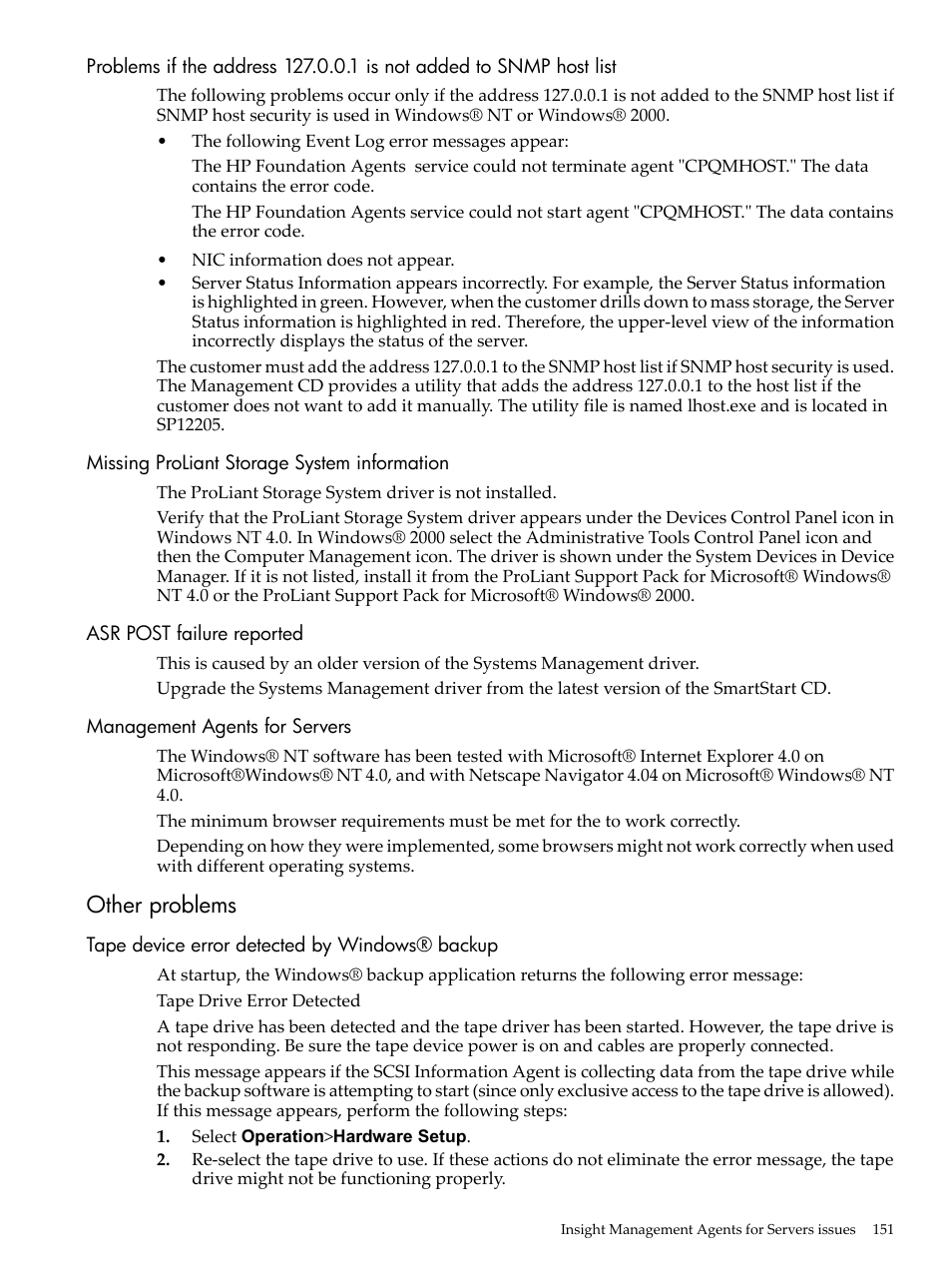 Missing proliant storage system information, Asr post failure reported, Management agents for servers | Other problems, Tape device error detected by windows® backup | HP Insight Management Agents User Manual | Page 151 / 157