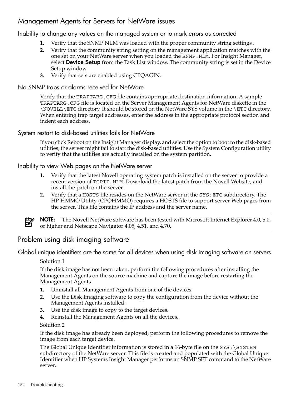 Management agents for servers for netware issues, No snmp traps or alarms received for netware, Problem using disk imaging software | HP Insight Management Agents User Manual | Page 152 / 157