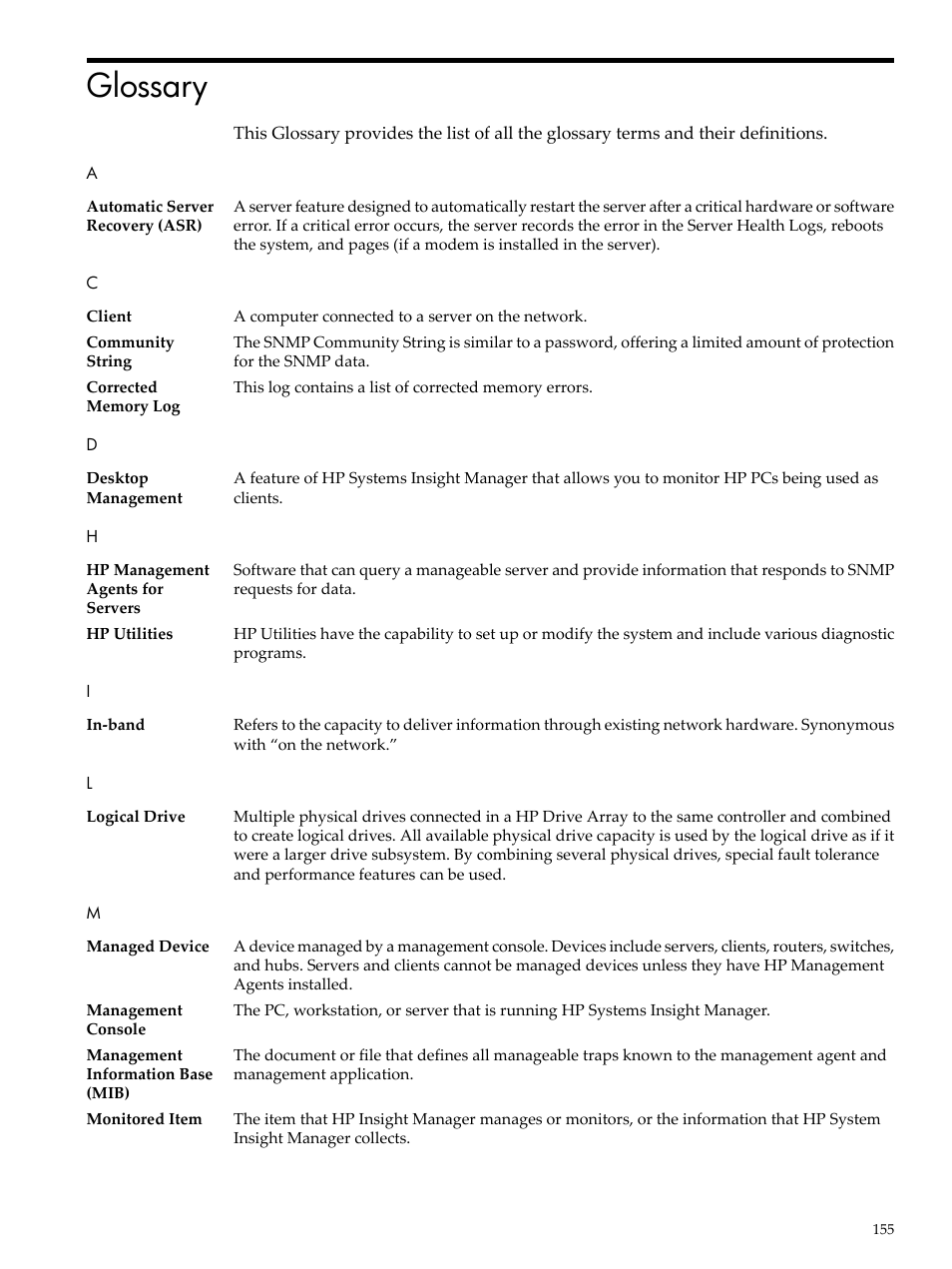 Glossary | HP Insight Management Agents User Manual | Page 155 / 157