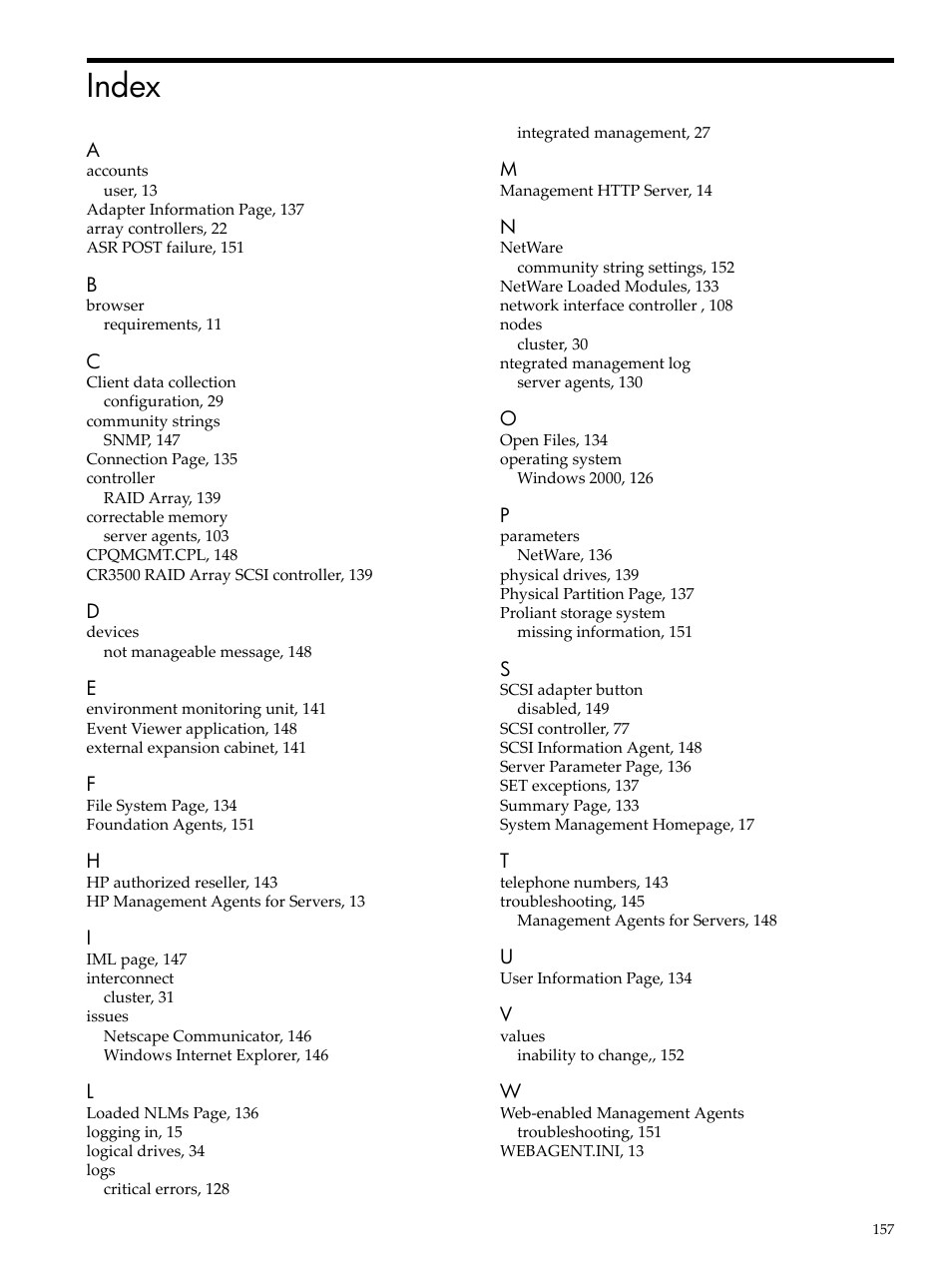 Index | HP Insight Management Agents User Manual | Page 157 / 157