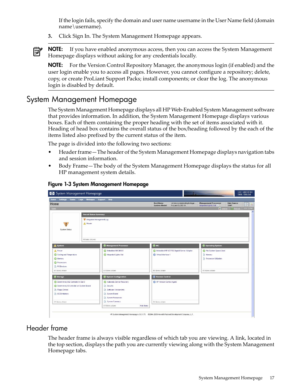 Header frame, System management homepage | HP Insight Management Agents User Manual | Page 17 / 157