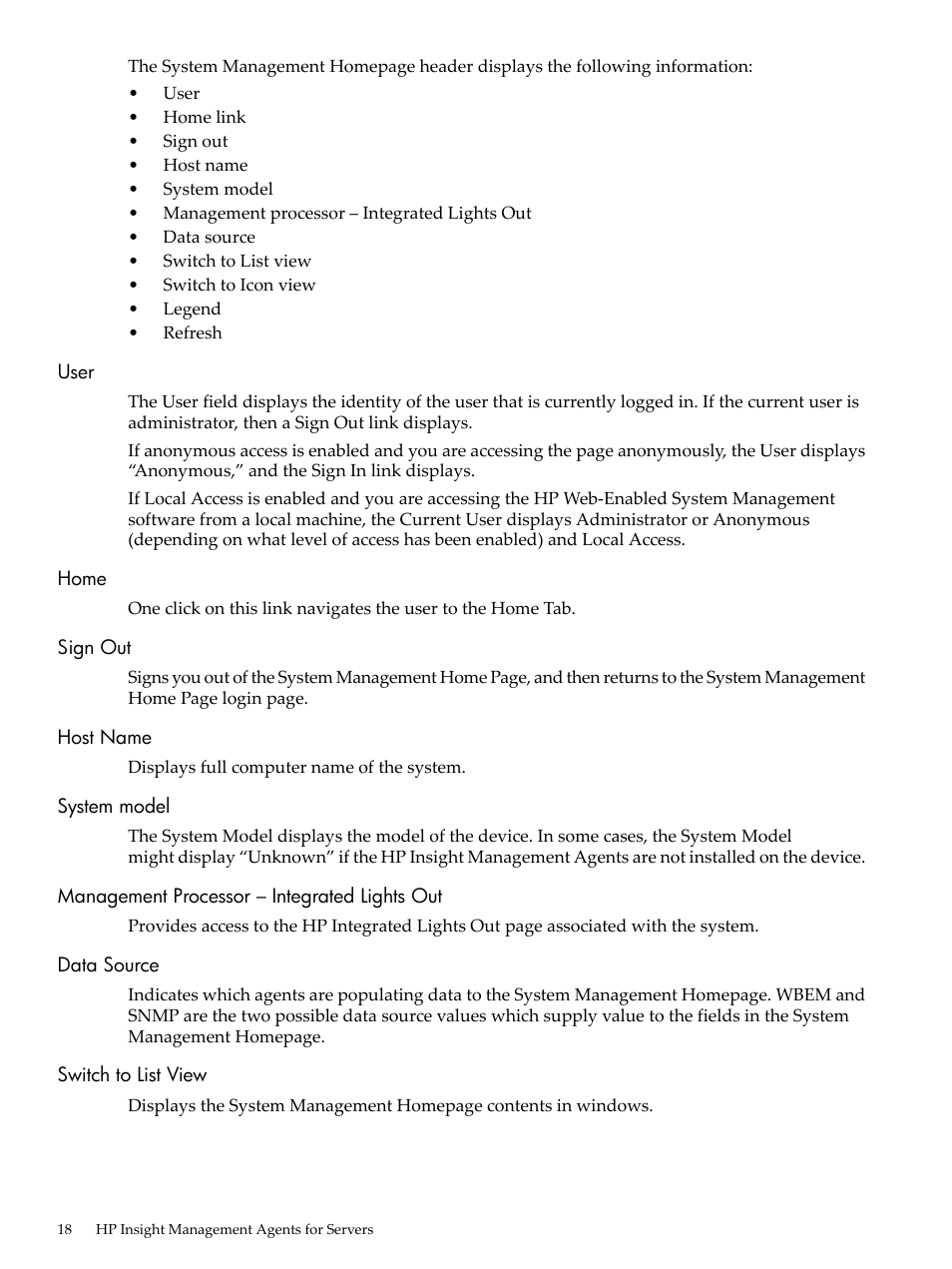 User, Home, Sign out | Host name, System model, Management processor – integrated lights out, Data source, Switch to list view | HP Insight Management Agents User Manual | Page 18 / 157