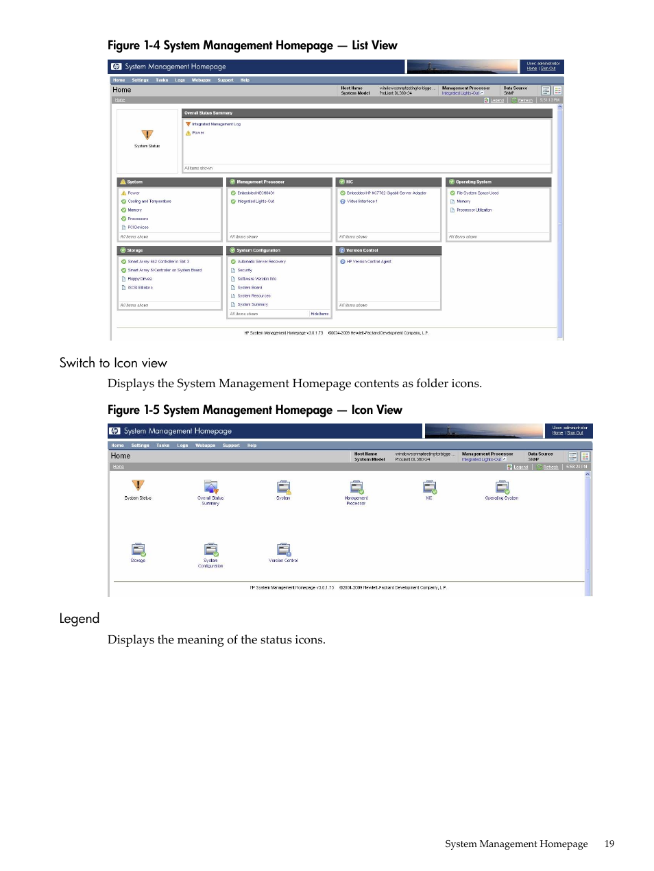 Switch to icon view, Legend, Switch to icon view legend | HP Insight Management Agents User Manual | Page 19 / 157