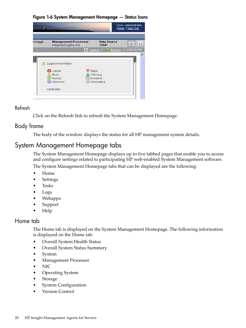 Refresh, Body frame, Home tab | System management homepage tabs | HP Insight Management Agents User Manual | Page 20 / 157