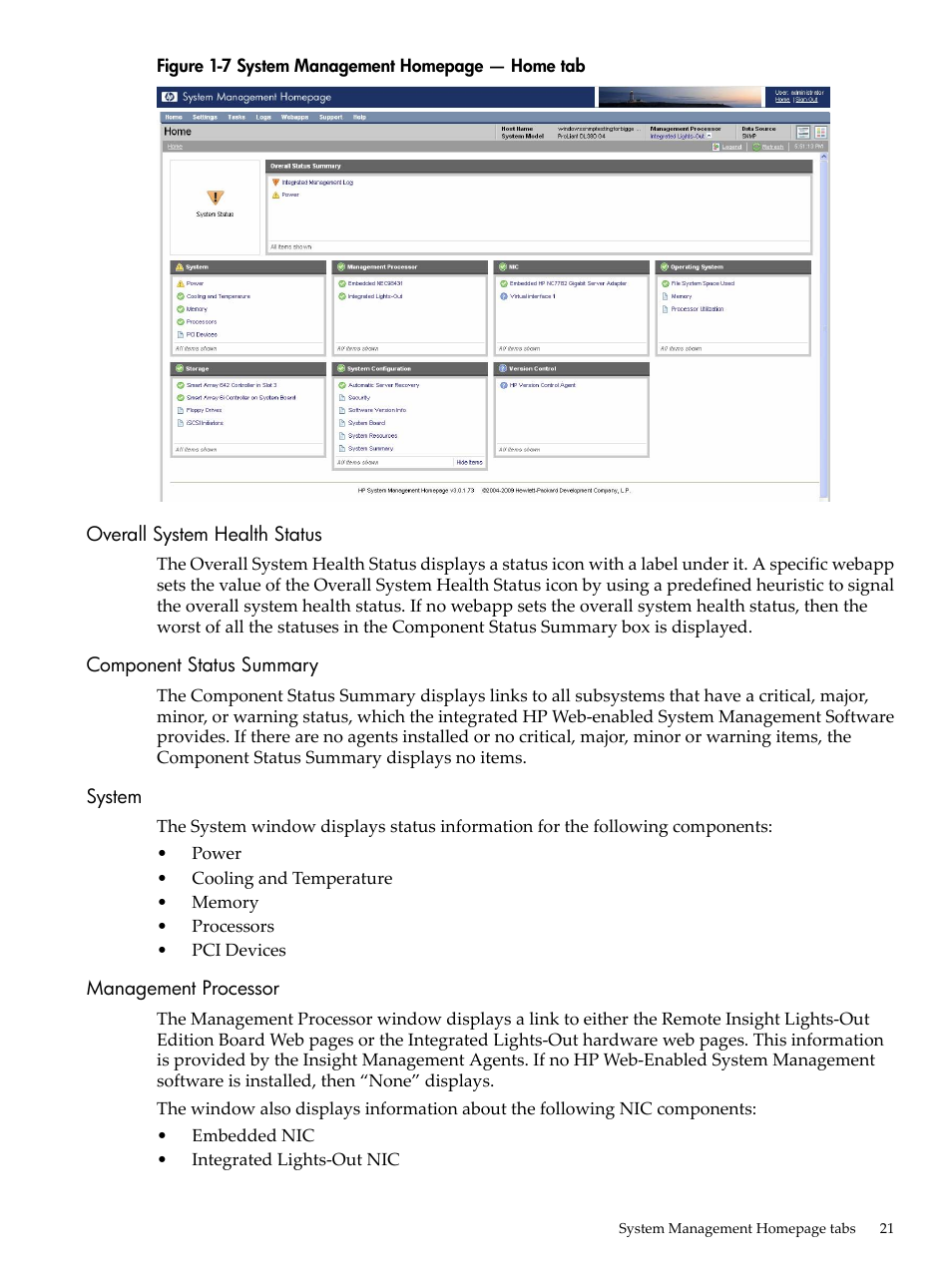 Overall system health status, Component status summary, System | Management processor | HP Insight Management Agents User Manual | Page 21 / 157