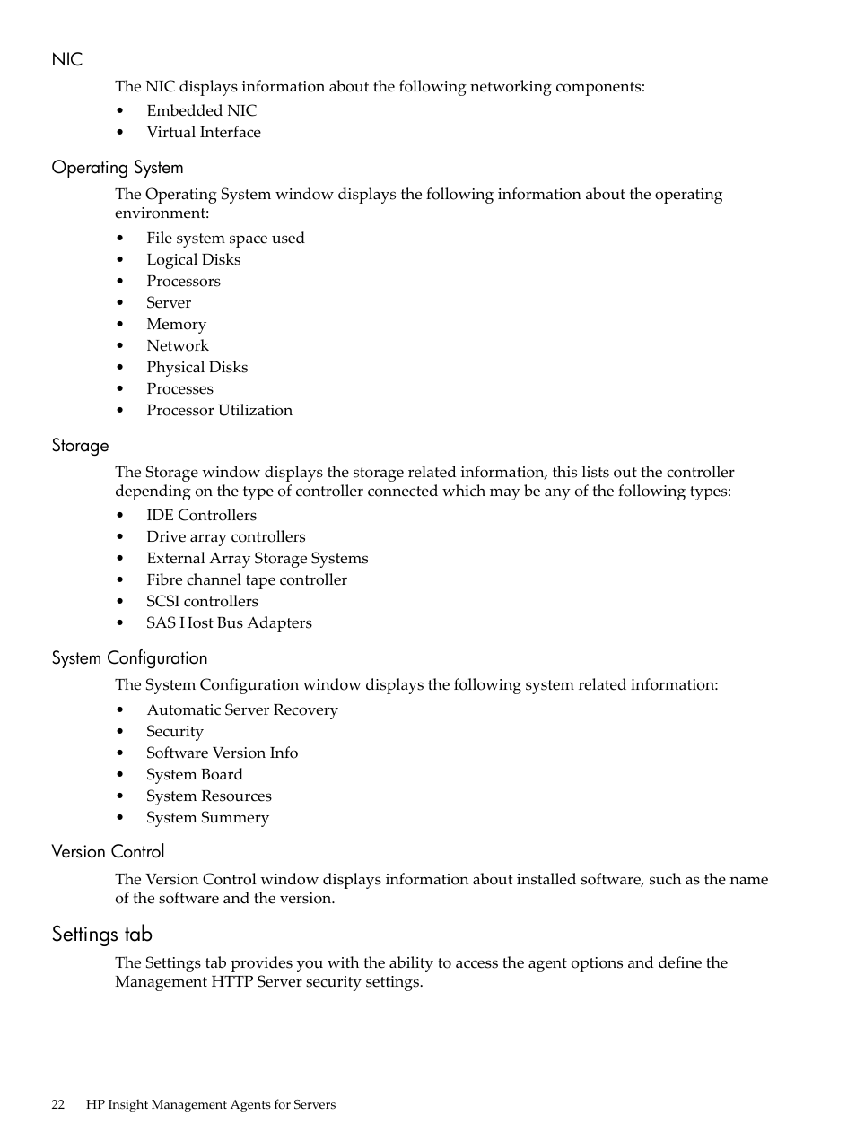 Operating system, Storage, System configuration | Version control, Settings tab | HP Insight Management Agents User Manual | Page 22 / 157