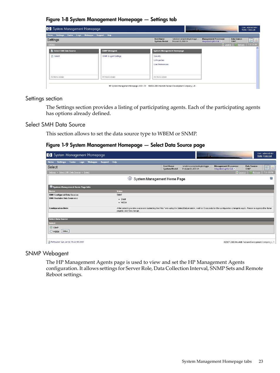 Settings section, Select smh data source, Snmp webagent | HP Insight Management Agents User Manual | Page 23 / 157