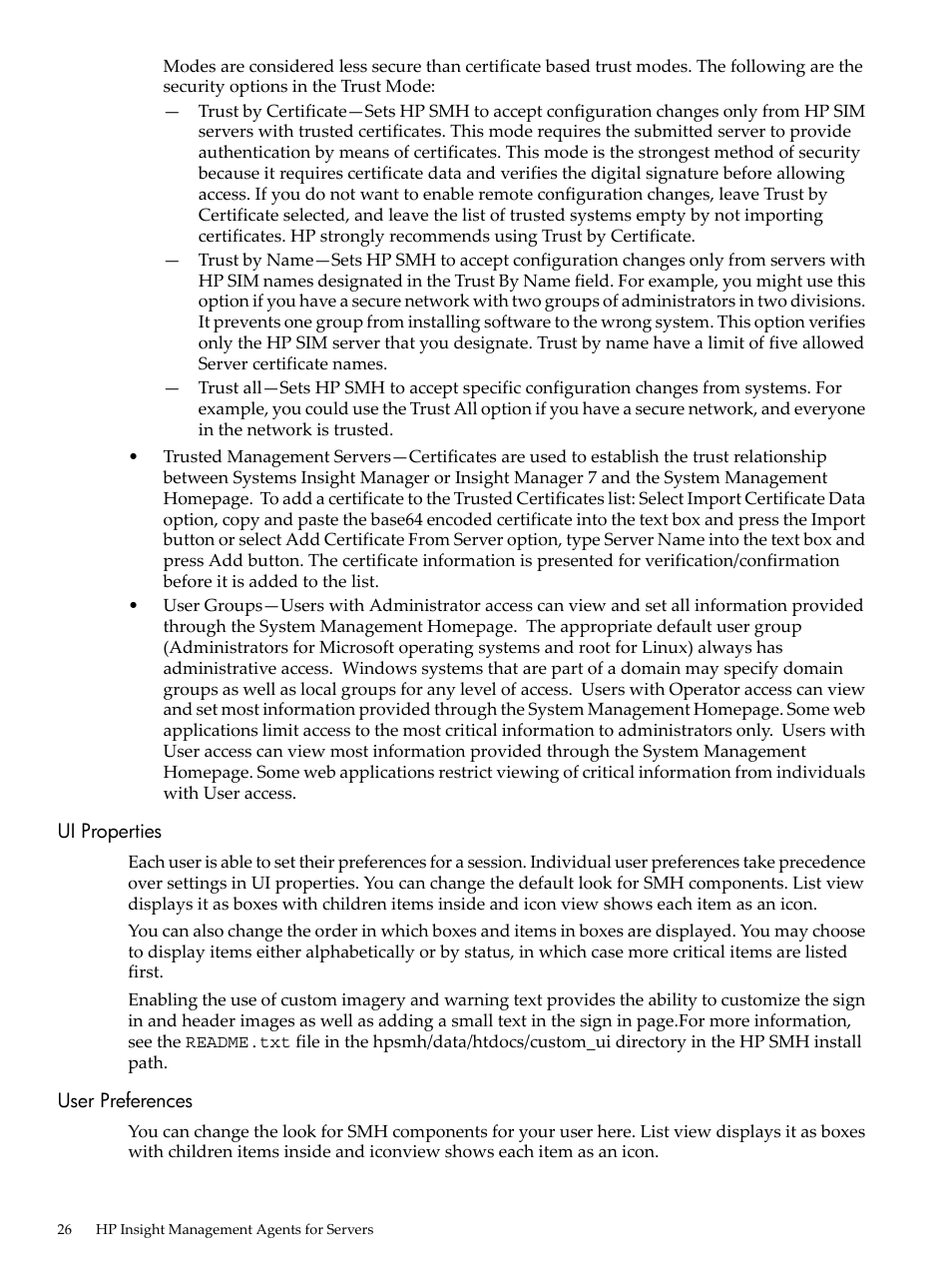 Ui properties, User preferences | HP Insight Management Agents User Manual | Page 26 / 157