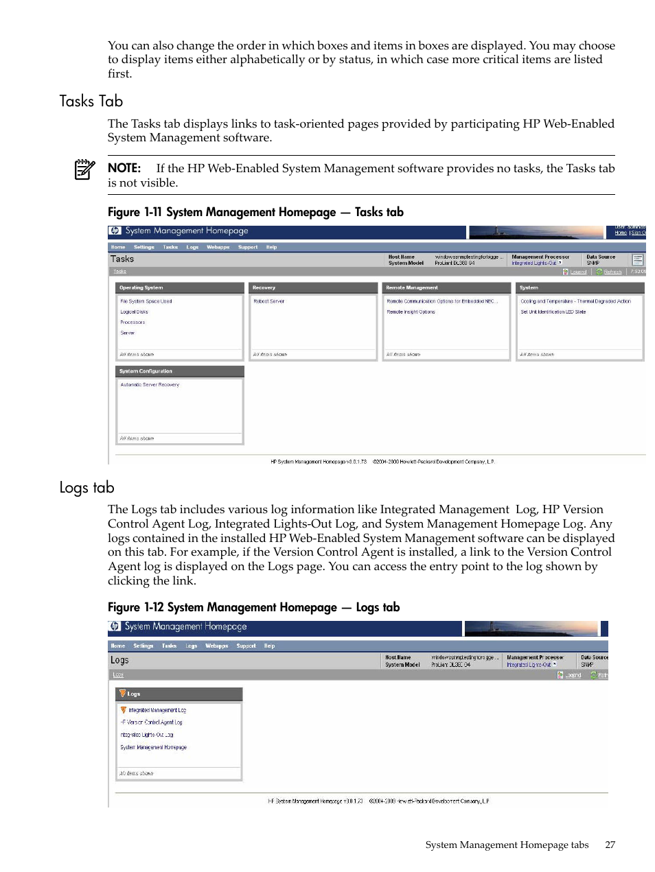 Tasks tab, Logs tab, Tasks tab logs tab | HP Insight Management Agents User Manual | Page 27 / 157