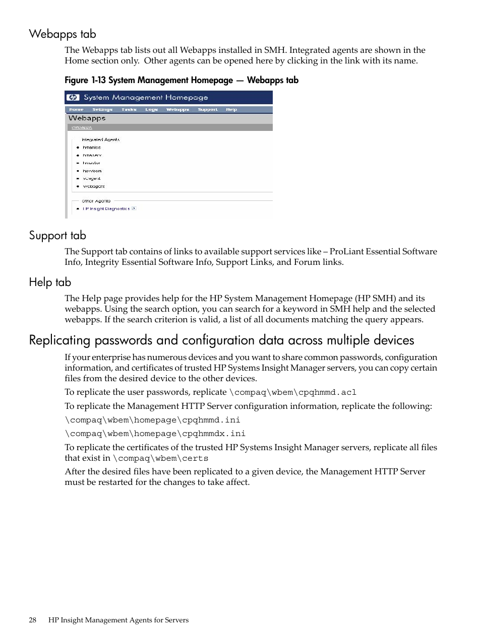 Webapps tab, Support tab, Help tab | Webapps tab support tab help tab | HP Insight Management Agents User Manual | Page 28 / 157