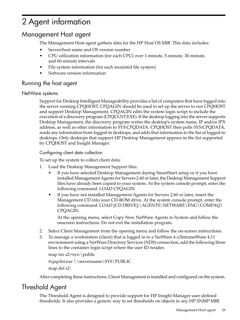 2 agent information, Management host agent, Running the host agent | Netware systems, Configuring client data collection, Threshold agent | HP Insight Management Agents User Manual | Page 29 / 157