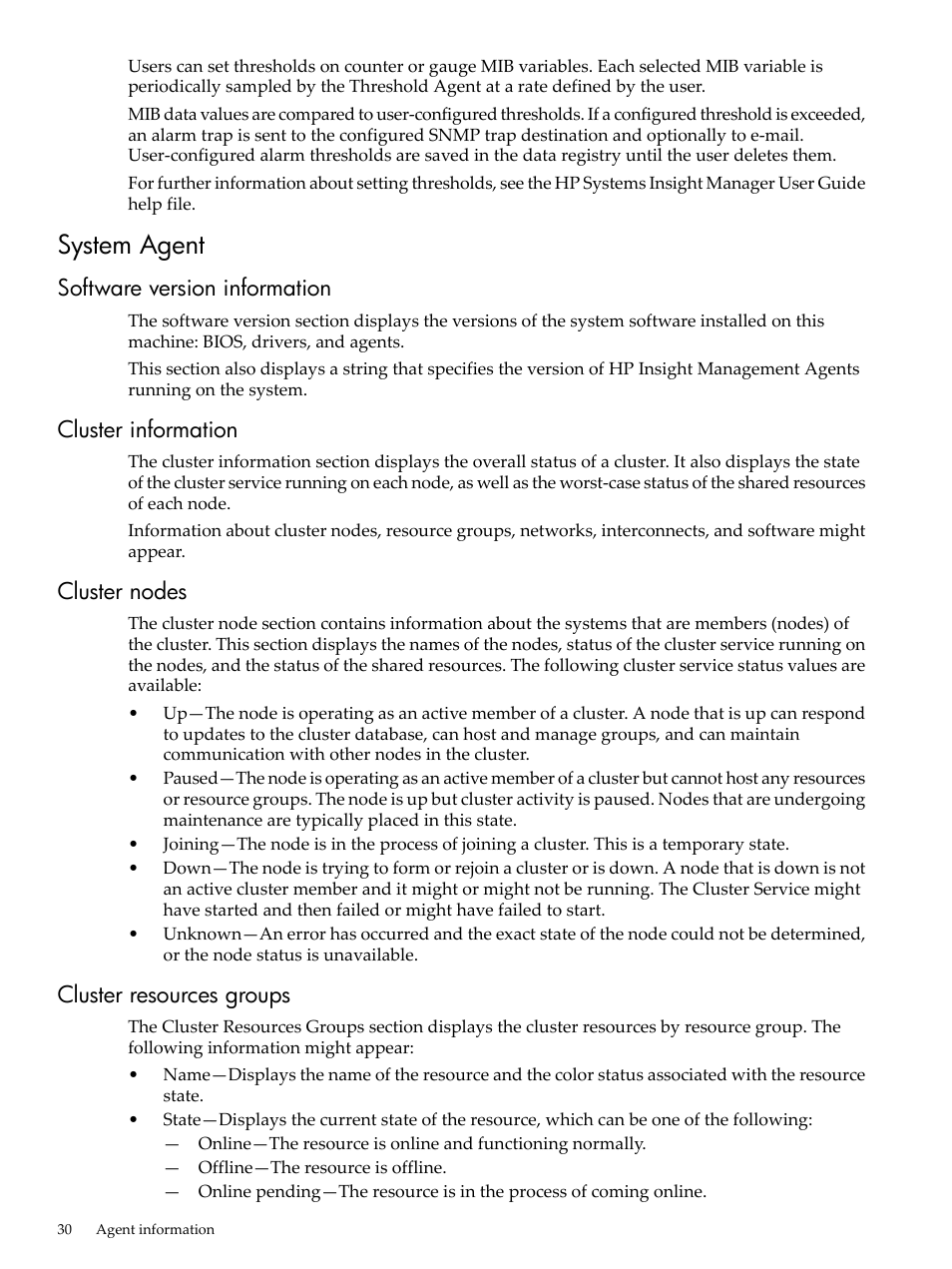 System agent, Software version information, Cluster information | Cluster nodes, Cluster resources groups | HP Insight Management Agents User Manual | Page 30 / 157