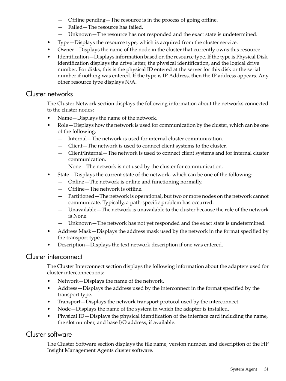 Cluster networks, Cluster interconnect, Cluster software | HP Insight Management Agents User Manual | Page 31 / 157