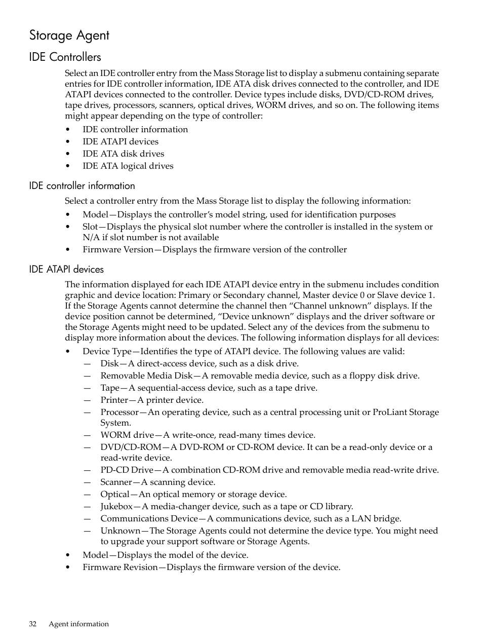 Storage agent, Ide controllers, Ide controller information | Ide atapi devices, Ide controller information ide atapi devices | HP Insight Management Agents User Manual | Page 32 / 157