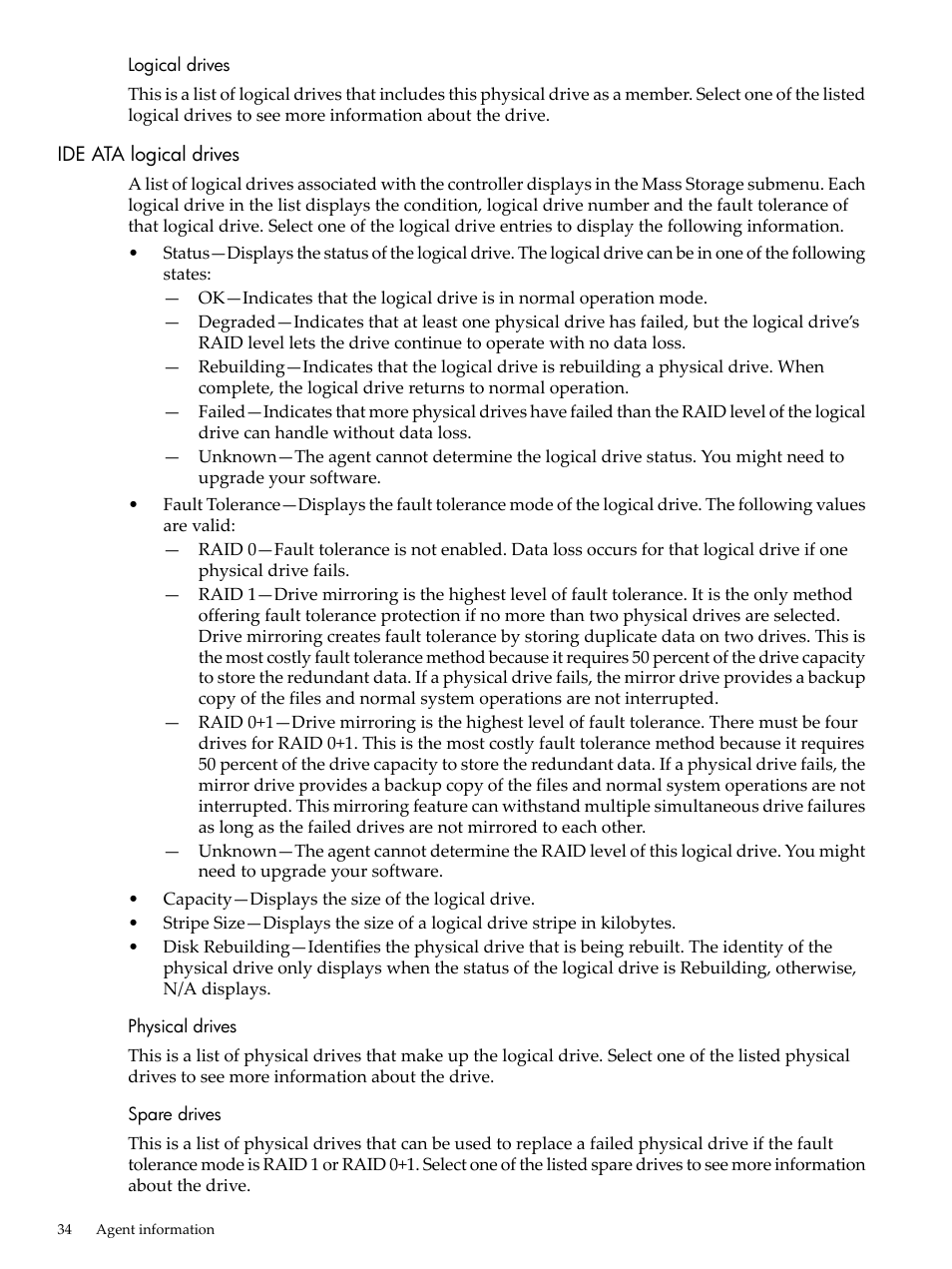 Logical drives, Ide ata logical drives, Physical drives | Spare drives, Physical drives spare drives | HP Insight Management Agents User Manual | Page 34 / 157