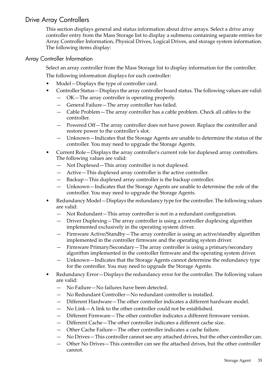 Drive array controllers, Array controller information | HP Insight Management Agents User Manual | Page 35 / 157