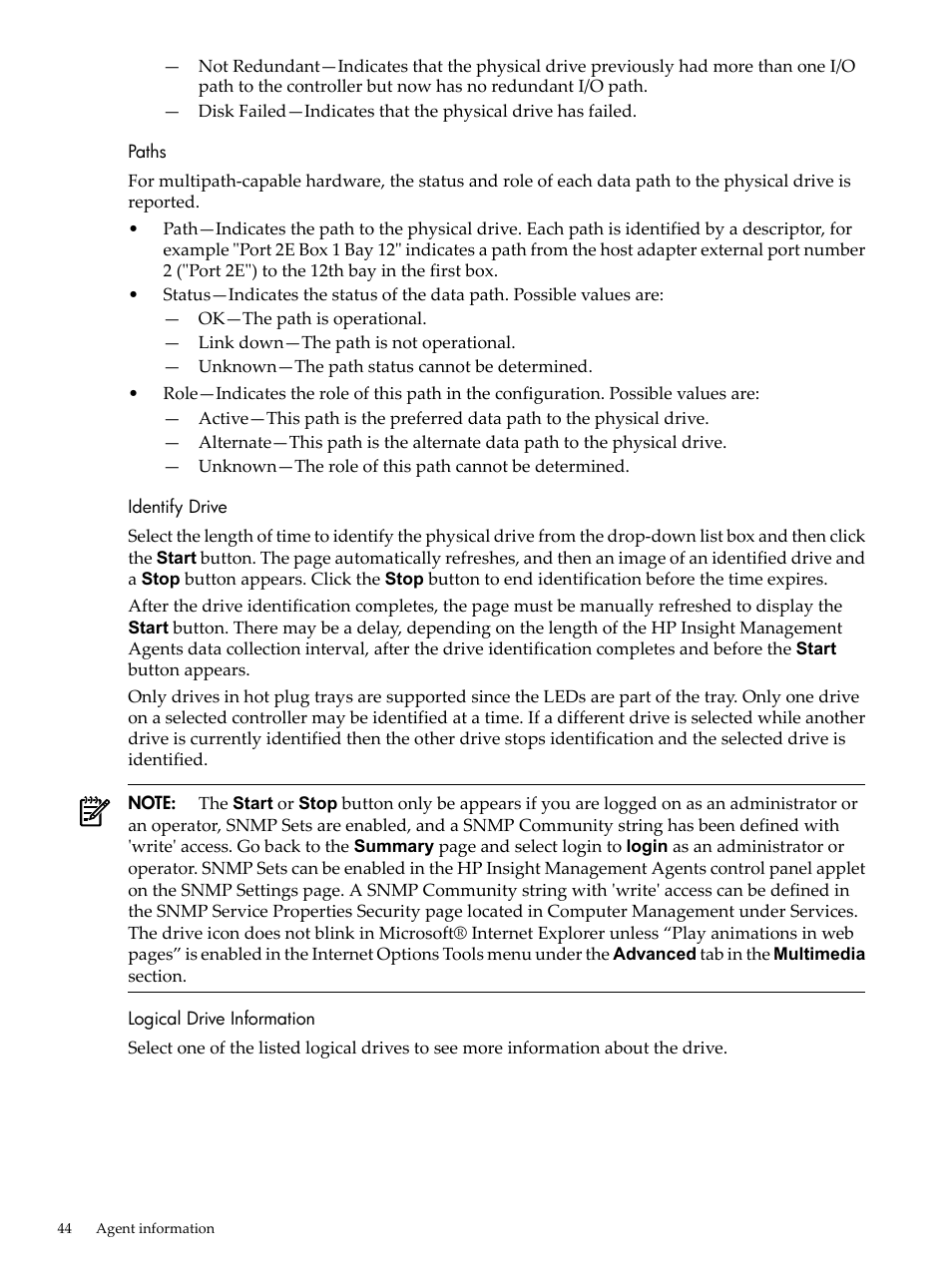 Paths, Identify drive, Logical drive information | Paths identify drive logical drive information | HP Insight Management Agents User Manual | Page 44 / 157