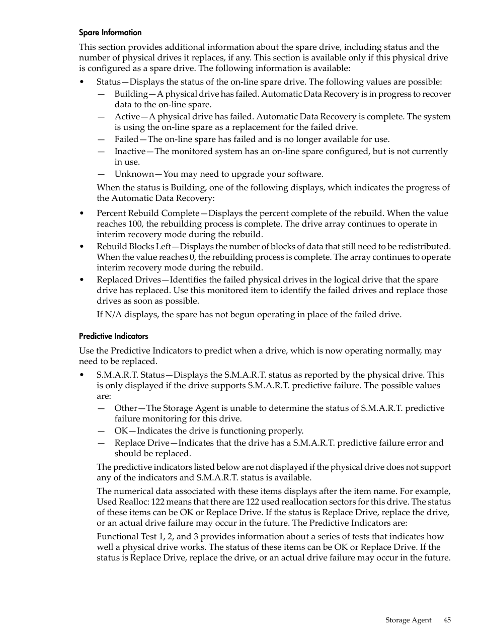 Spare information, Predictive indicators | HP Insight Management Agents User Manual | Page 45 / 157