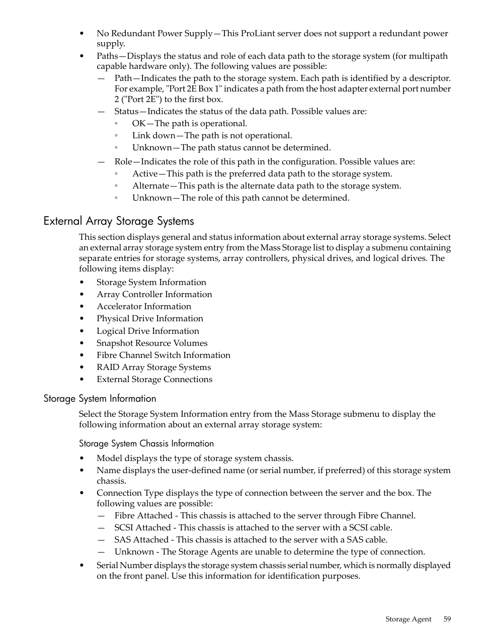 External array storage systems, Storage system information, Storage system chassis information | HP Insight Management Agents User Manual | Page 59 / 157