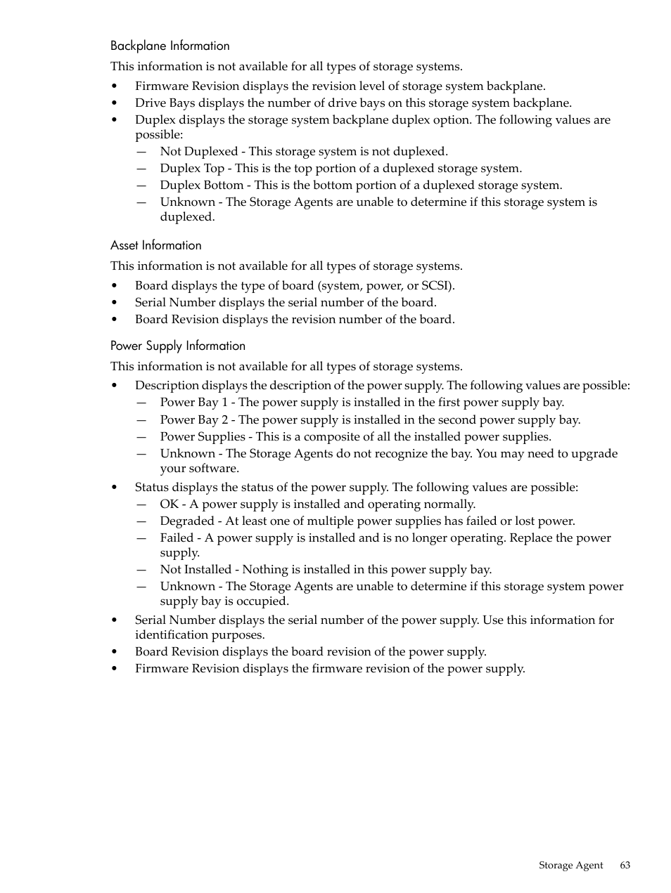 Backplane information, Asset information, Power supply information | HP Insight Management Agents User Manual | Page 63 / 157
