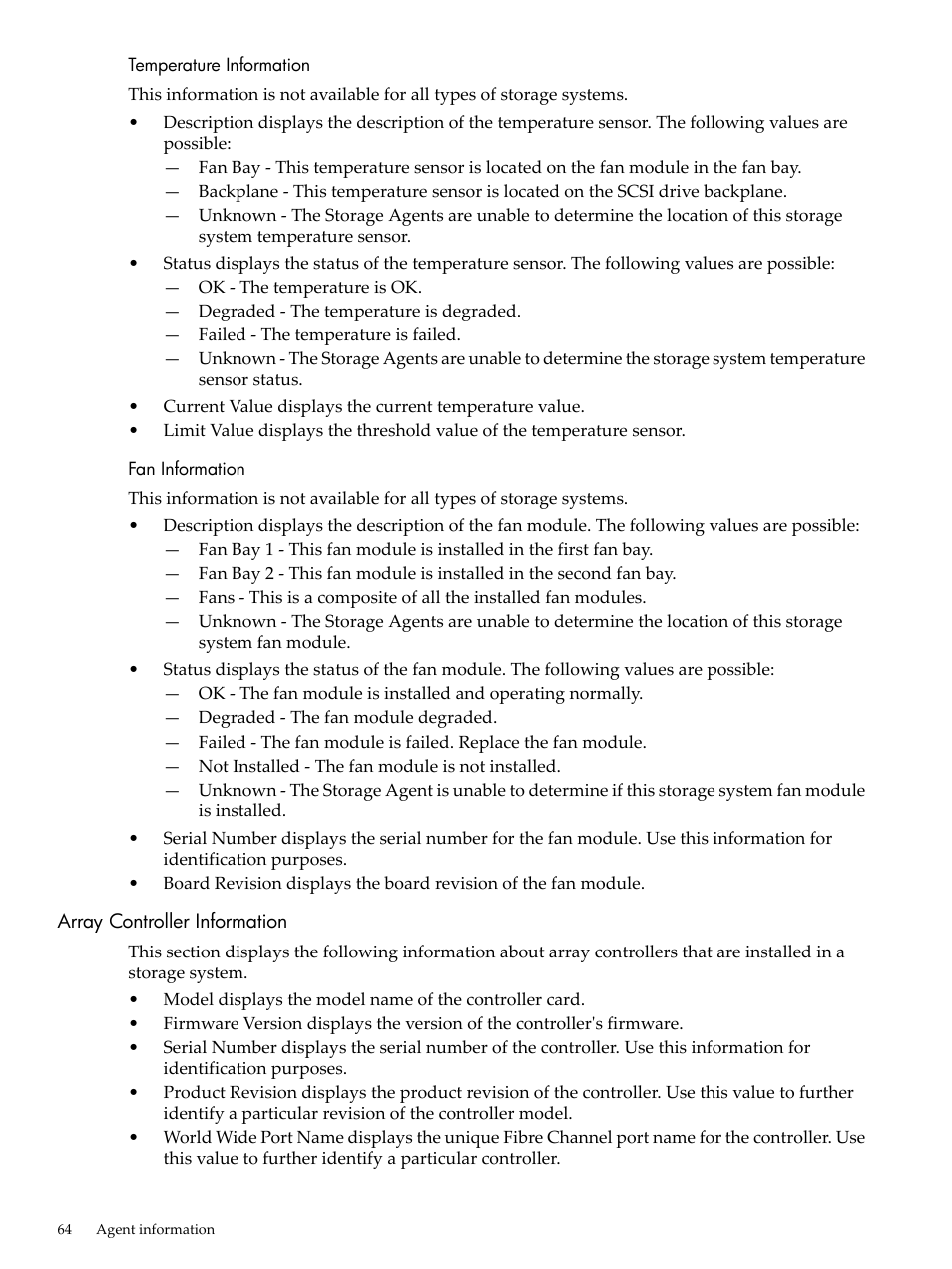 Temperature information, Fan information, Array controller information | Temperature information fan information | HP Insight Management Agents User Manual | Page 64 / 157