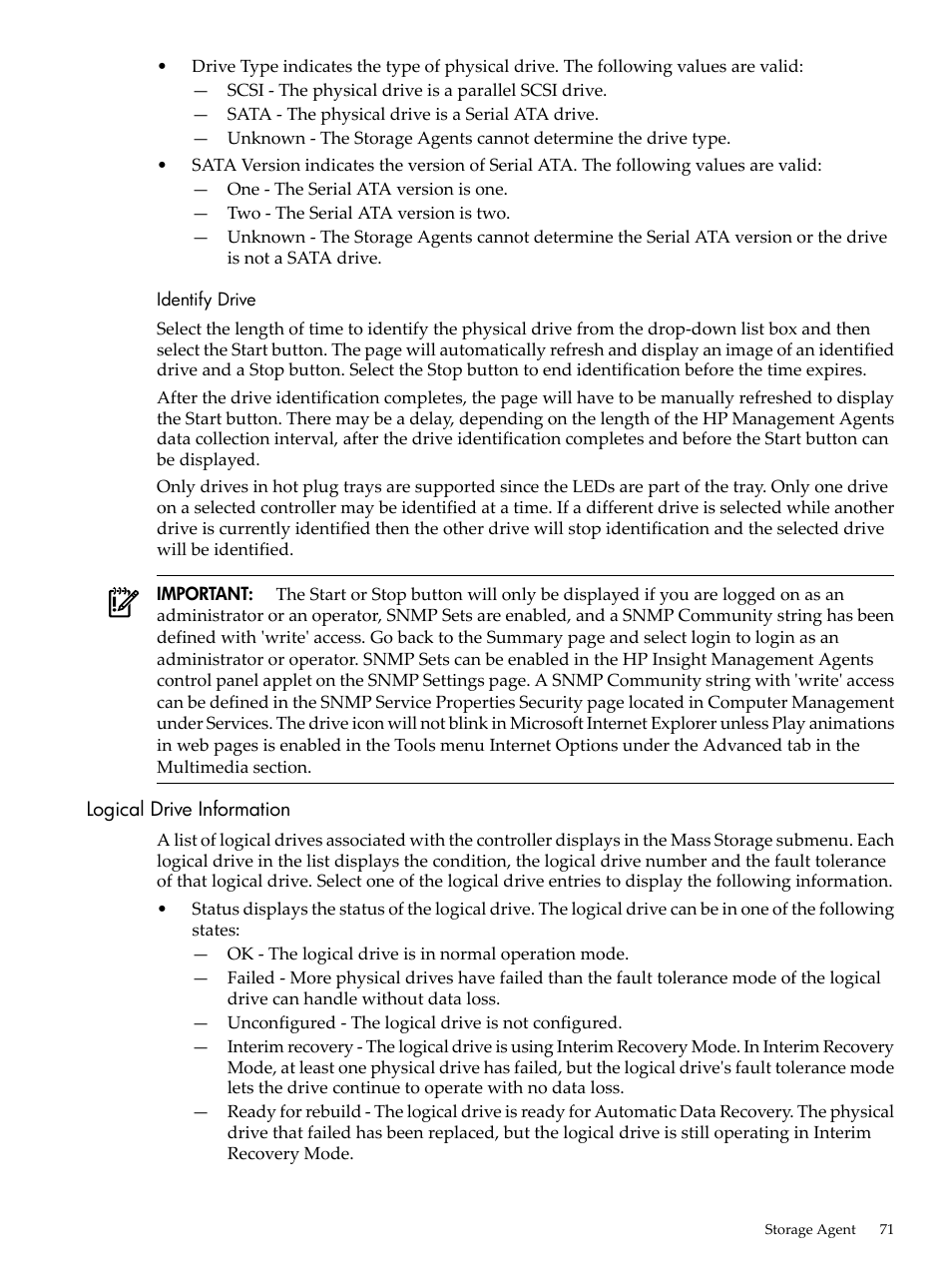 Identify drive, Logical drive information | HP Insight Management Agents User Manual | Page 71 / 157