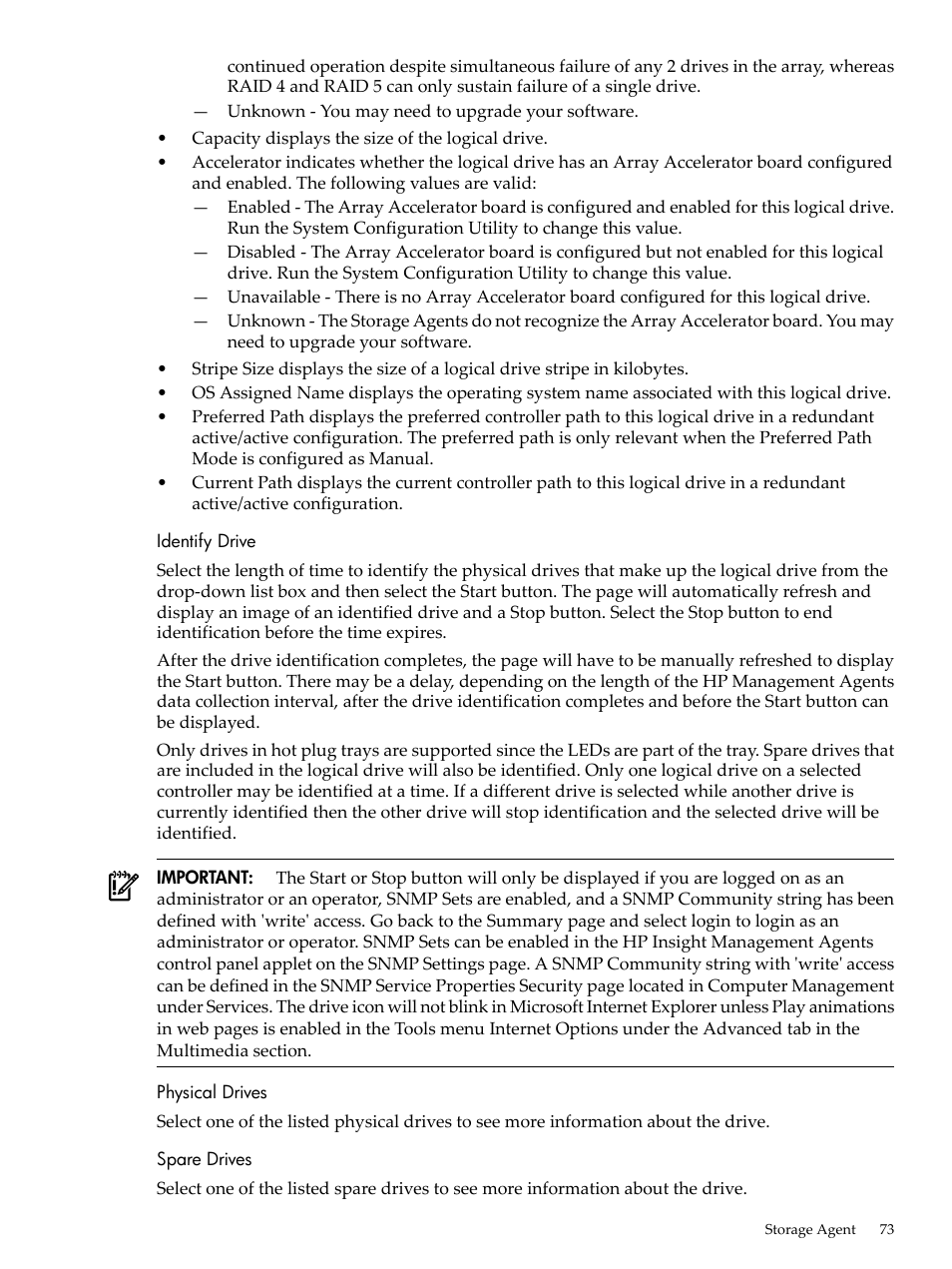 Identify drive, Physical drives, Spare drives | Identify drive physical drives spare drives | HP Insight Management Agents User Manual | Page 73 / 157