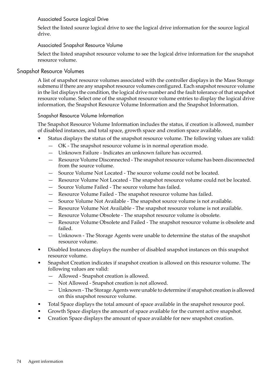 Associated source logical drive, Associated snapshot resource volume, Snapshot resource volumes | Snapshot resource volume information | HP Insight Management Agents User Manual | Page 74 / 157