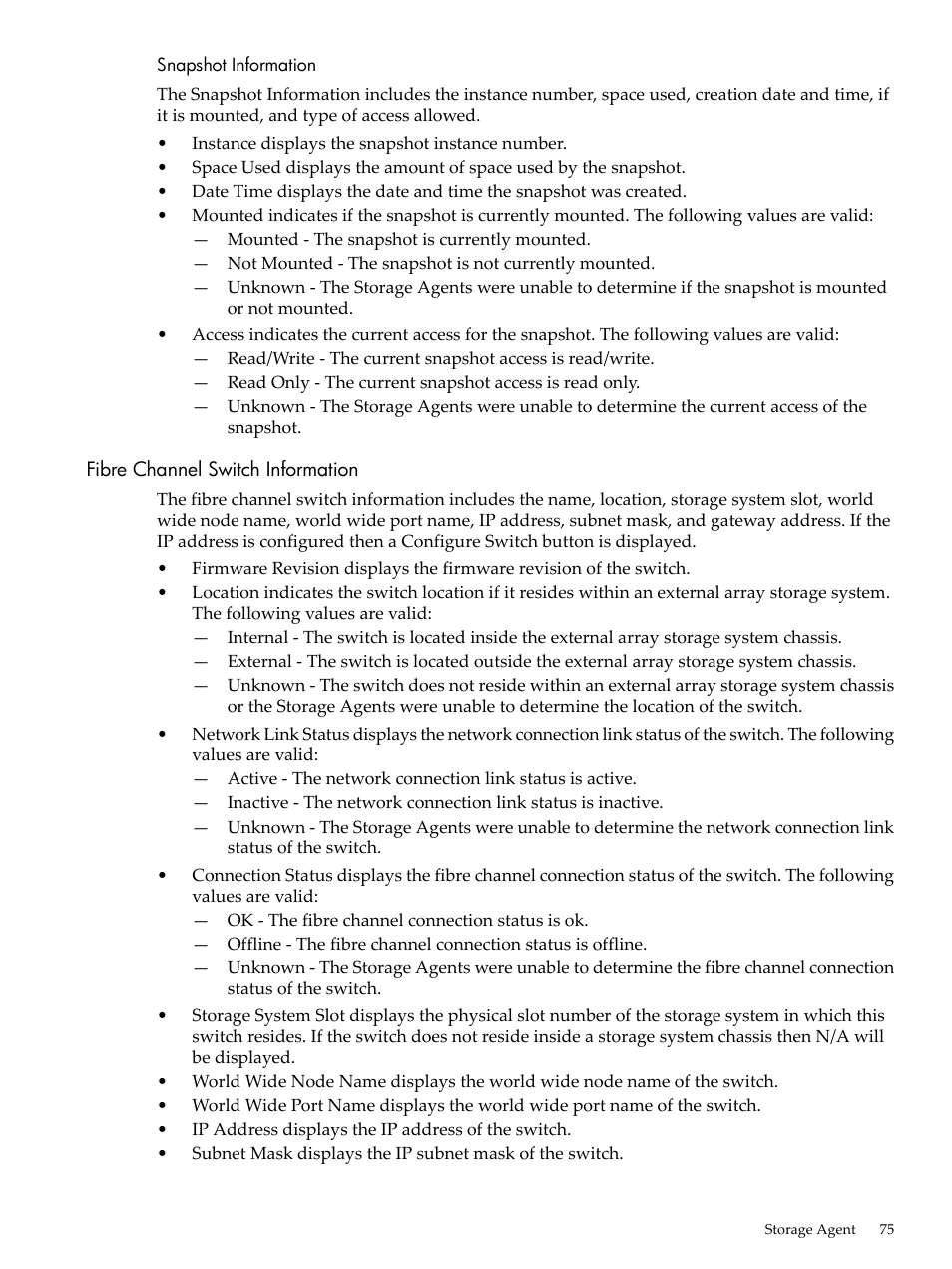 Snapshot information, Fibre channel switch information | HP Insight Management Agents User Manual | Page 75 / 157