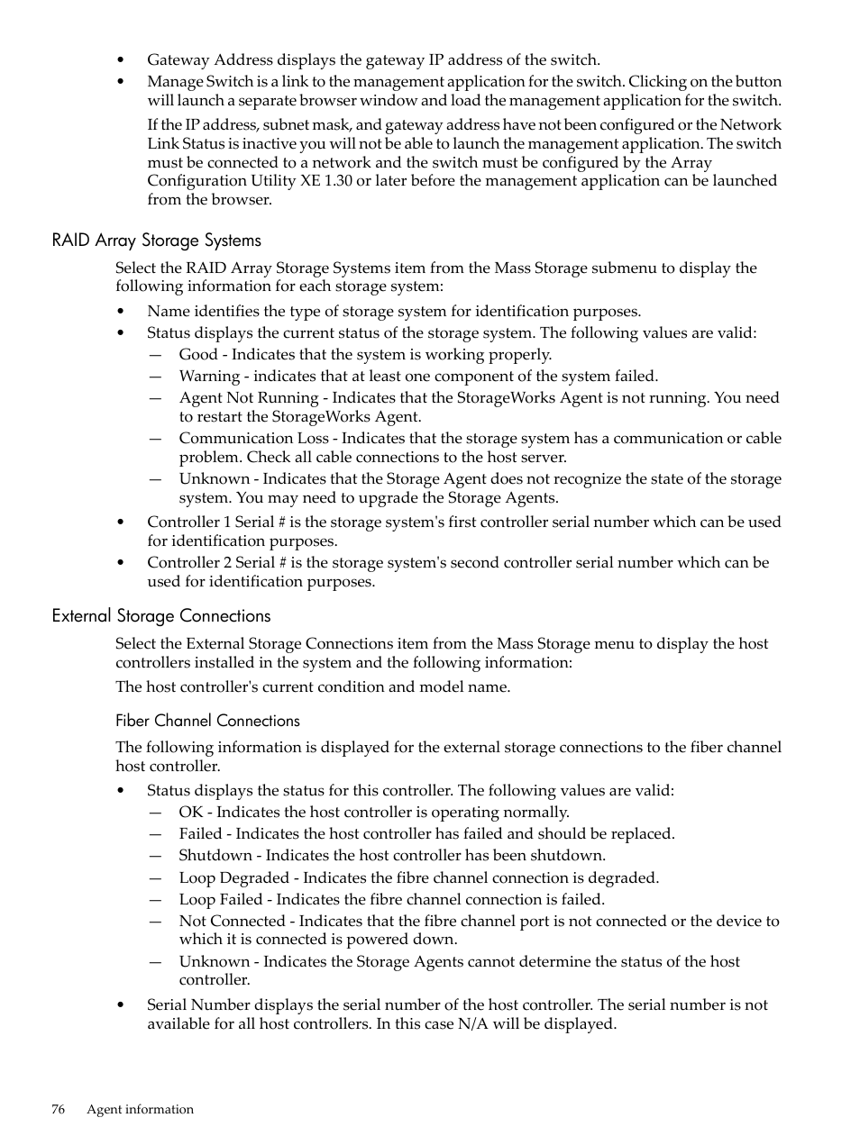 Raid array storage systems, External storage connections, Fiber channel connections | HP Insight Management Agents User Manual | Page 76 / 157