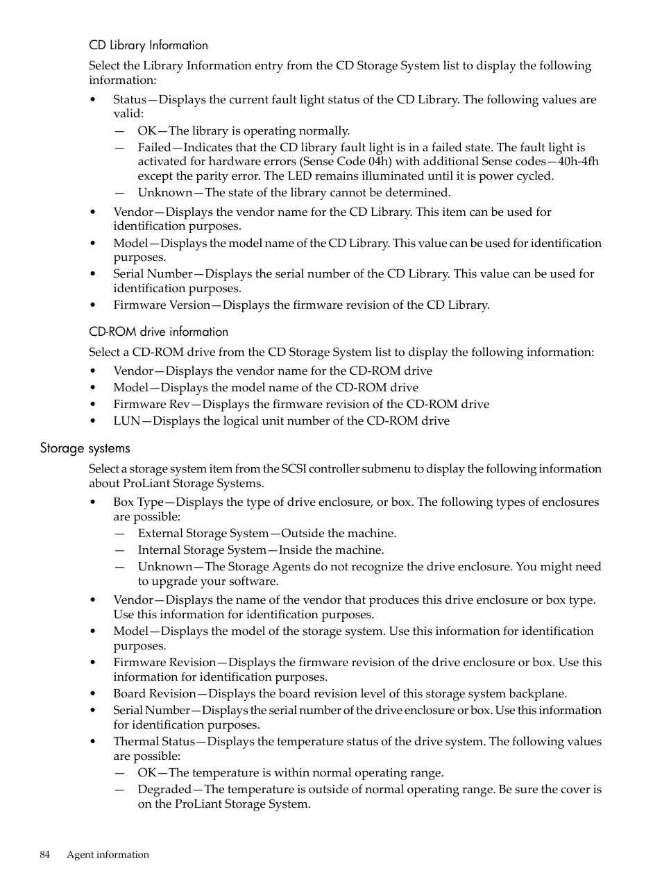 Cd library information, Cd-rom drive information, Storage systems | Cd library information cd-rom drive information | HP Insight Management Agents User Manual | Page 84 / 157