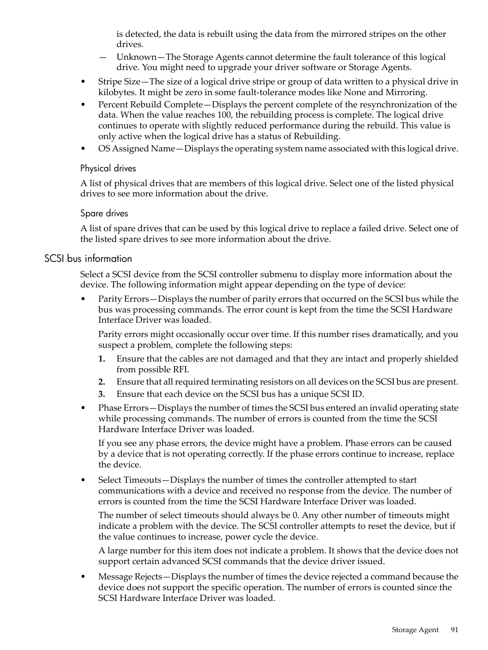 Physical drives, Spare drives, Scsi bus information | Physical drives spare drives | HP Insight Management Agents User Manual | Page 91 / 157