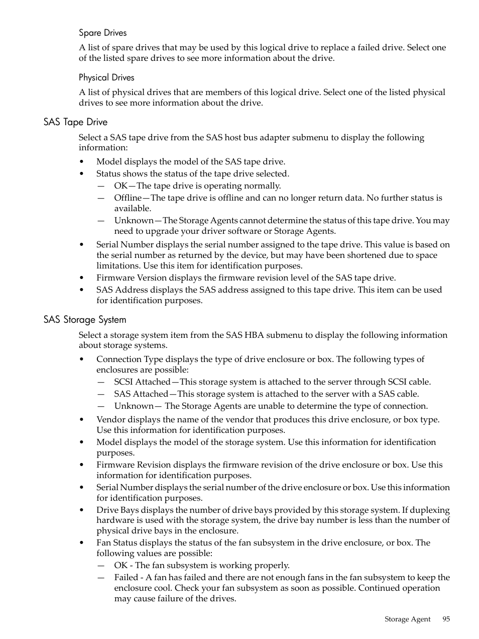 Spare drives, Physical drives, Sas tape drive | Sas storage system, Spare drives physical drives, Sas tape drive sas storage system | HP Insight Management Agents User Manual | Page 95 / 157