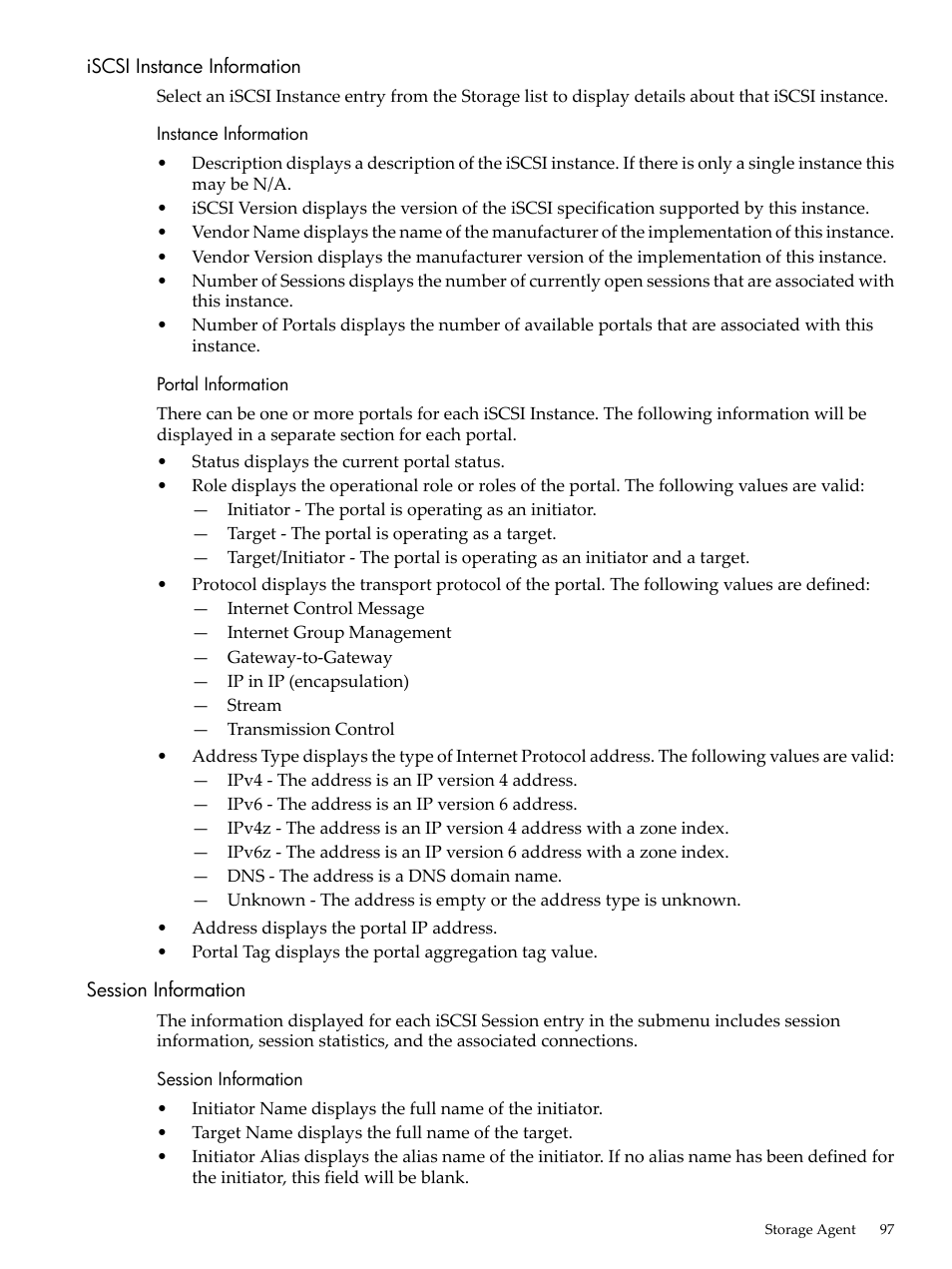 Iscsi instance information, Instance information, Portal information | Session information, Instance information portal information | HP Insight Management Agents User Manual | Page 97 / 157