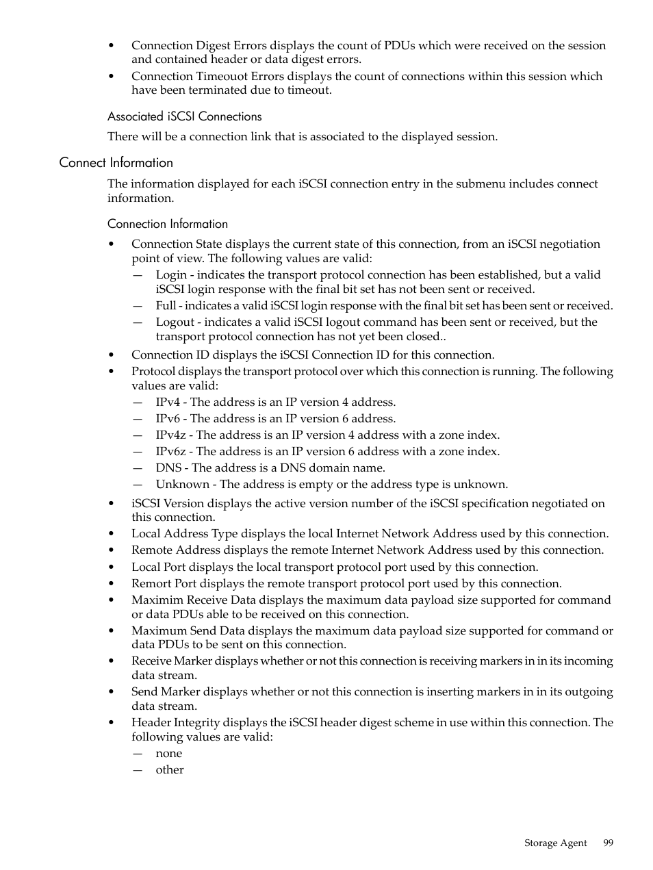 Associated iscsi connections, Connect information, Connection information | HP Insight Management Agents User Manual | Page 99 / 157