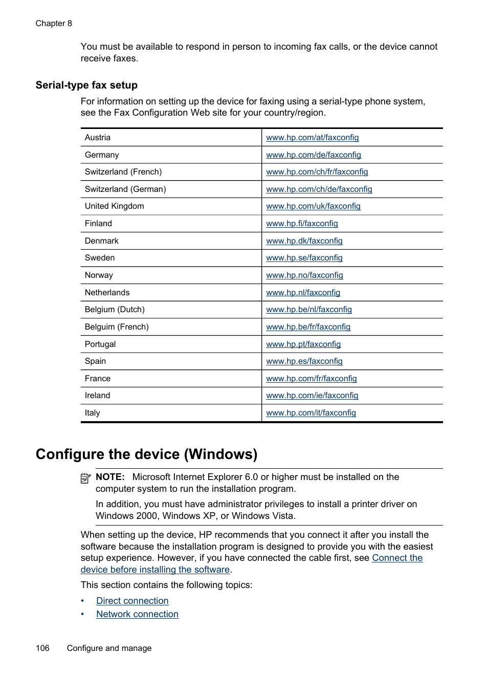 Serial-type fax setup, Configure the device (windows), Direct connection | Network connection | HP Officejet J6480 All-in-One Printer User Manual | Page 110 / 218