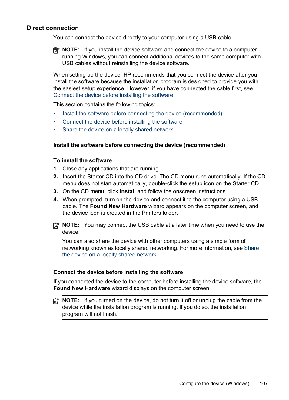 Direct connection, Connect the device before installing the software, Connect the | Device before installing the software | HP Officejet J6480 All-in-One Printer User Manual | Page 111 / 218