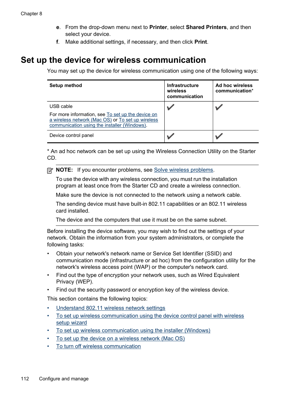 Set up the device for wireless communication, Set up the device for, Wireless communication | HP Officejet J6480 All-in-One Printer User Manual | Page 116 / 218