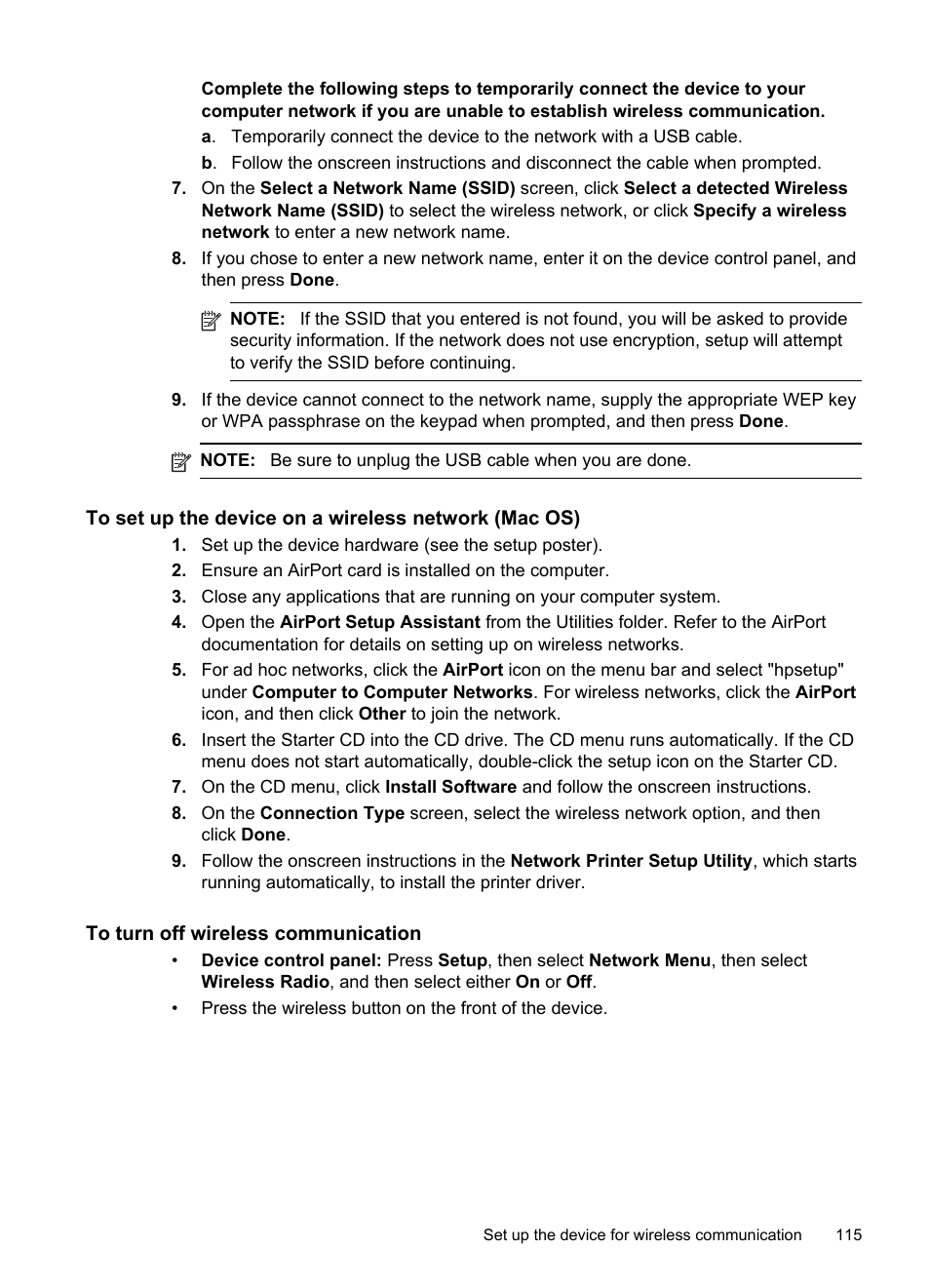 To turn off wireless communication, To set up the device on, A wireless network (mac os) | HP Officejet J6480 All-in-One Printer User Manual | Page 119 / 218