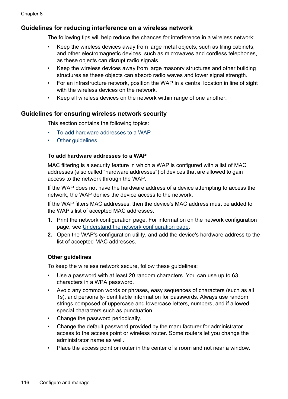 Guidelines for ensuring wireless network security, To add hardware addresses to a wap, Other guidelines | HP Officejet J6480 All-in-One Printer User Manual | Page 120 / 218