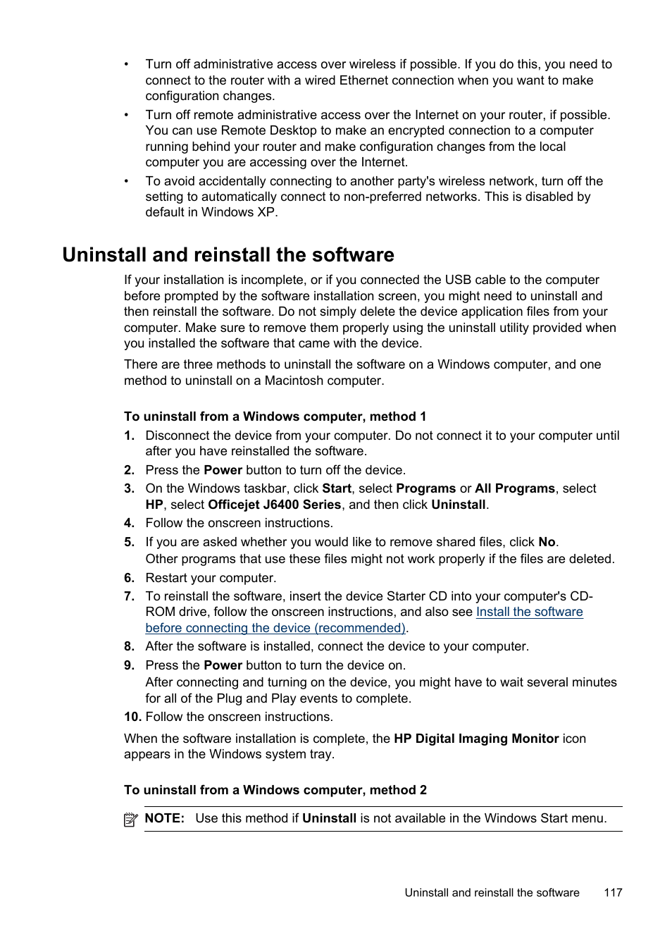 Uninstall and reinstall the software | HP Officejet J6480 All-in-One Printer User Manual | Page 121 / 218