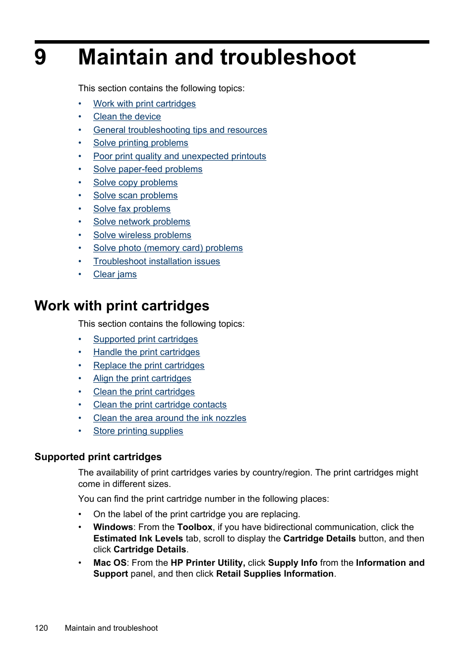 Maintain and troubleshoot, Work with print cartridges, Supported print cartridges | 9 maintain and troubleshoot, 9maintain and troubleshoot | HP Officejet J6480 All-in-One Printer User Manual | Page 124 / 218