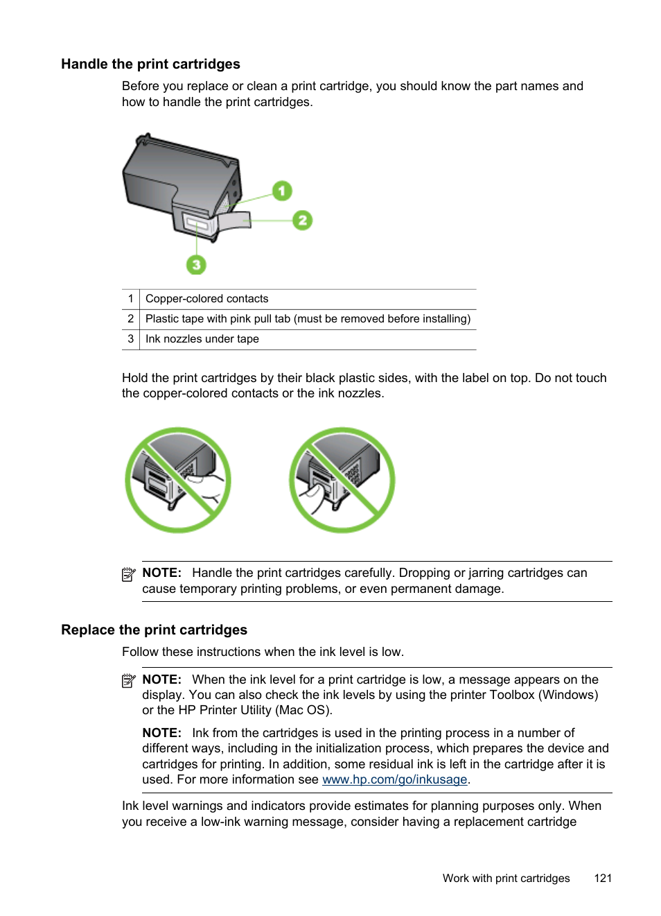 Handle the print cartridges, Replace the print cartridges | HP Officejet J6480 All-in-One Printer User Manual | Page 125 / 218