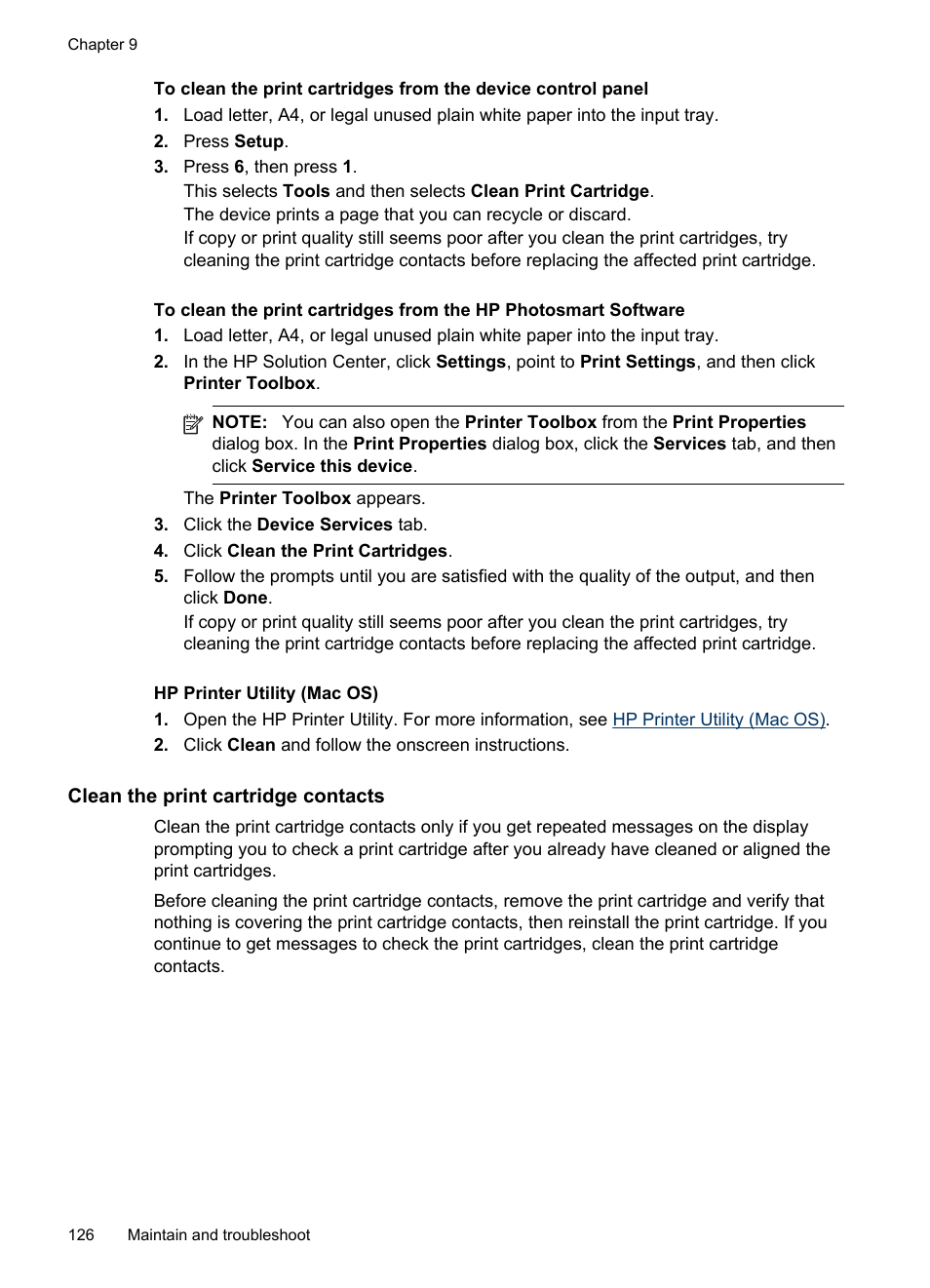 Clean the print cartridge contacts | HP Officejet J6480 All-in-One Printer User Manual | Page 130 / 218